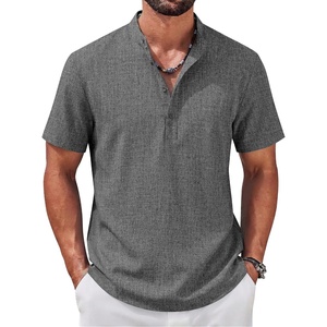 COOFANDY Men’s Casual Henley Shirt Band Collar Short Sleeve Shirt for Mens Summer Beach T-Shirts Vacation(Dark Gray)
