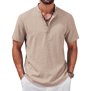 COOFANDY Men’s Casual Henley Shirt Band Collar Short Sleeve Shirt for Mens Summer Beach T-Shirts Vacation(Kakhi)