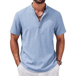 COOFANDY Men’s Casual Henley Shirt Band Collar Short Sleeve Shirt for Mens Summer Beach T-Shirts Vacation(Light Blue)
