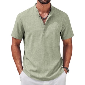 COOFANDY Men’s Casual Henley Shirt Band Collar Short Sleeve Shirt for Mens Summer Beach T-Shirts Vacation(Light Green)