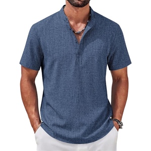 COOFANDY Men’s Casual Henley Shirt Band Collar Short Sleeve Shirt for Mens Summer Beach T-Shirts Vacation(Navy Blue)