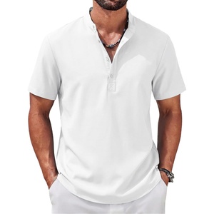 COOFANDY Men’s Casual Henley Shirt Band Collar Short Sleeve Shirt for Mens Summer Beach T-Shirts Vacation(White)