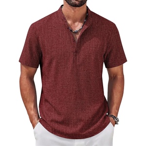 COOFANDY Men’s Casual Henley Shirt Band Collar Short Sleeve Shirt for Mens Summer Beach T-Shirts Vacation(Wine Red)