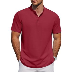 COOFANDY Men’s Casual Henley Shirt Short Sleeve Cotton Pique Band Collar Shirt Summer Button Basic Tee Shirts(Red)