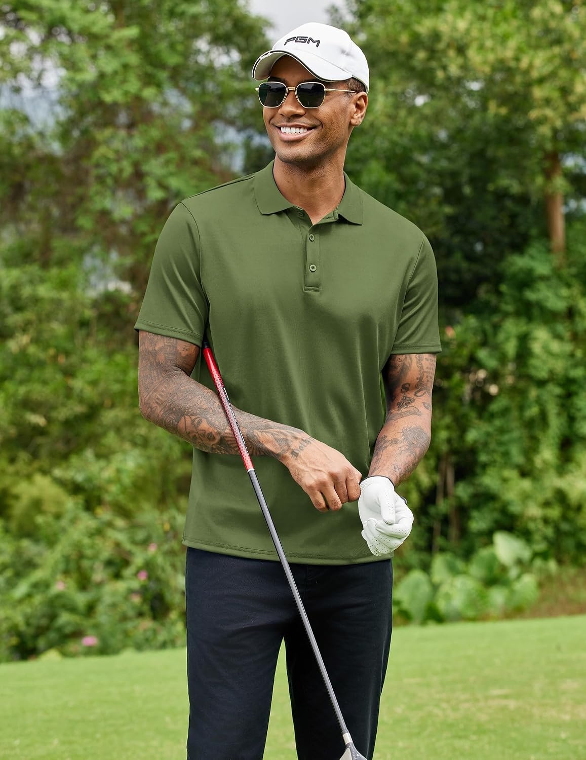 image:imageCOOFANDY Mens Cotton Polo Shirts Collared Short Sleeve Quick Drying Golf Shirts Moisture Wicking Tshirts Army Green