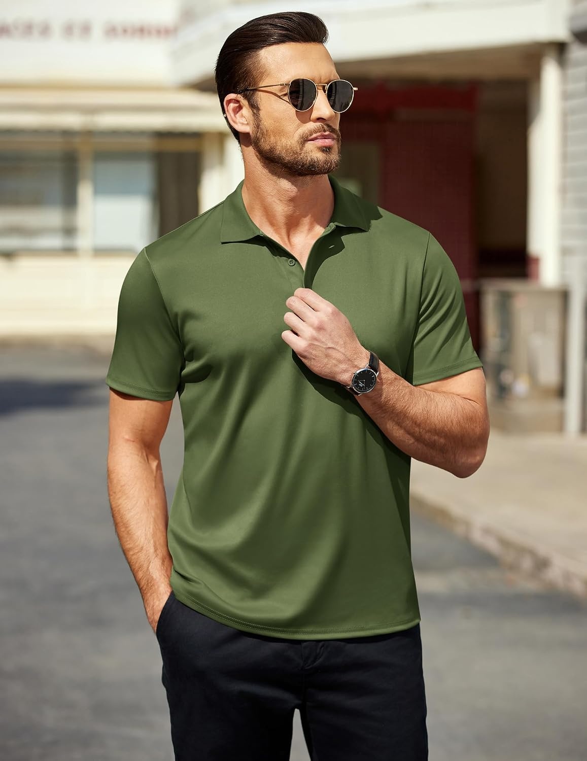 image:imageCOOFANDY Mens Cotton Polo Shirts Collared Short Sleeve Quick Drying Golf Shirts Moisture Wicking Tshirts Army Green