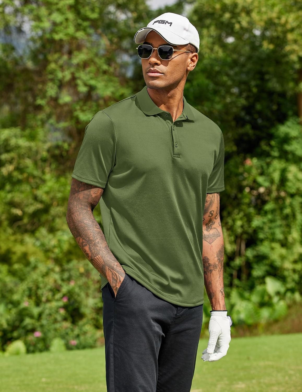 image:imageCOOFANDY Mens Cotton Polo Shirts Collared Short Sleeve Quick Drying Golf Shirts Moisture Wicking Tshirts Army Green