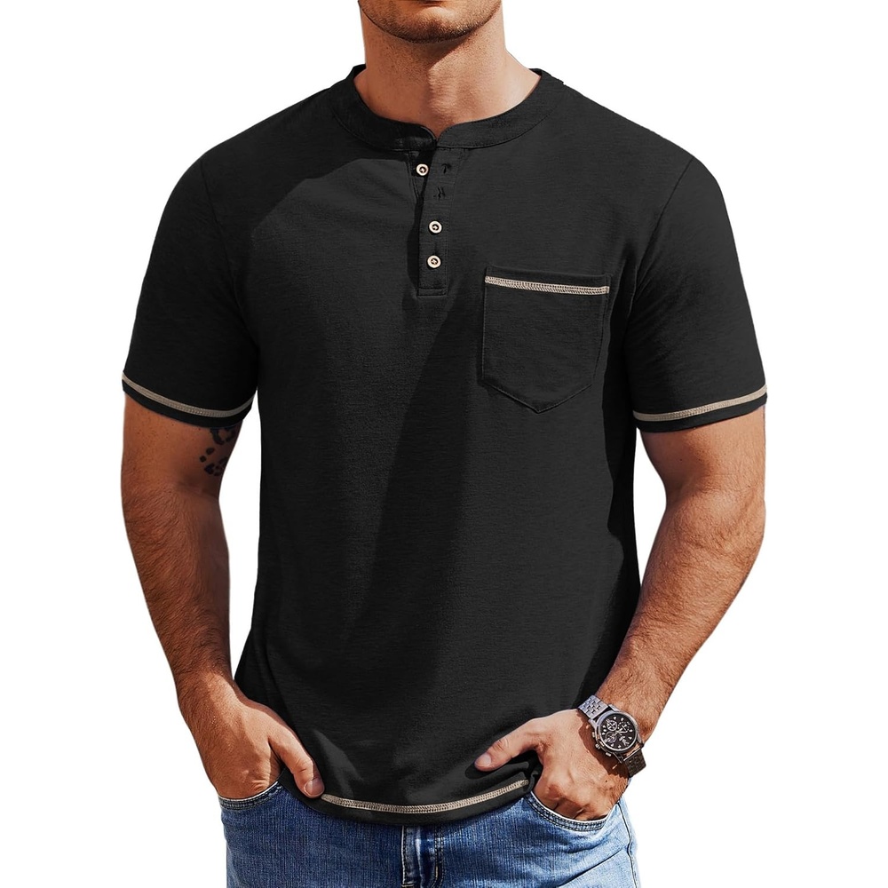image:imageCOOFANDY Mens Henley Shirts Short Sleeve Casual Button TShirts Basic Tee Shirts Summer Vintage T Shirts with PocketA Pure Black