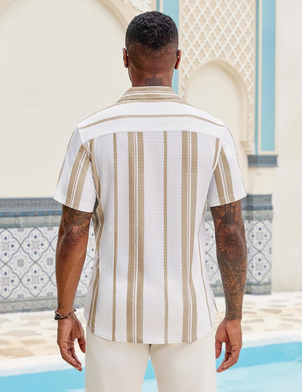 image:imageCOOFANDY Mens Short Sleeve Casual Shirts Button Down Striped Summer Shirts Textured Vacation Beach ShirtB WhiteKhaki