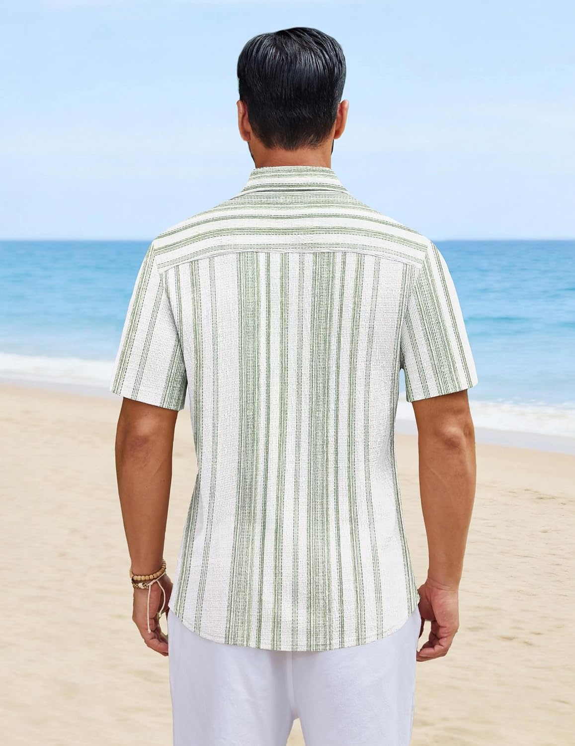 image:imageCOOFANDY Mens Short Sleeve Casual Shirts Button Down Striped Summer Shirts Textured Vacation Beach ShirtB WhiteLight Green