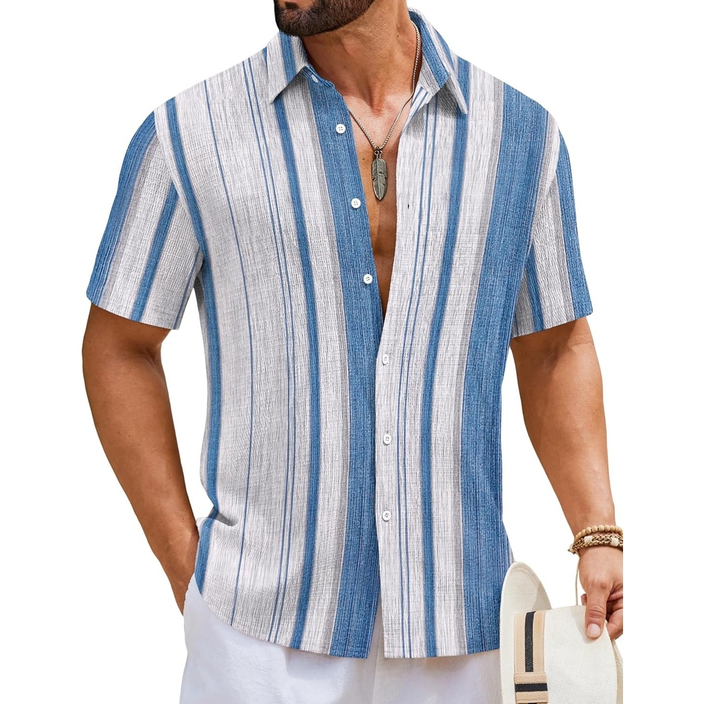 image:imageCOOFANDY Mens Short Sleeve Casual Shirts Button Down Striped Summer Shirts Textured Vacation Beach ShirtB WhiteBlue 02