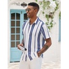 COOFANDY Mens Short Sleeve Casual Shirts Button Down Striped Summer Shirts Textured Vacation Beach Shirt(A White/Dark Blue)