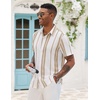 COOFANDY Mens Short Sleeve Casual Shirts Button Down Striped Summer Shirts Textured Vacation Beach Shirt(B White/Khaki)