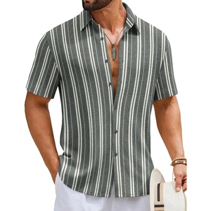 COOFANDY Mens Short Sleeve Casual Shirts Button Down Striped Summer Shirts Textured Vacation Beach Shirt(B Dark Grey/Light Apricot)