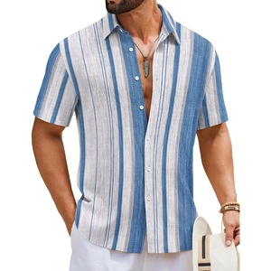 COOFANDY Mens Short Sleeve Casual Shirts Button Down Striped Summer Shirts Textured Vacation Beach Shirt(B White/Blue 02)