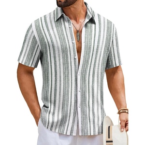COOFANDY Mens Short Sleeve Casual Shirts Button Down Striped Summer Shirts Textured Vacation Beach Shirt(B White/Dark Grey)
