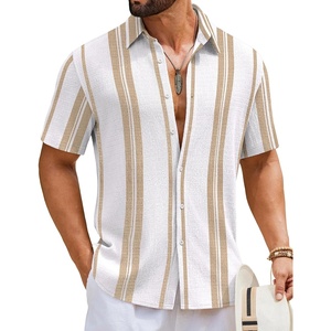 COOFANDY Mens Short Sleeve Casual Shirts Button Down Striped Summer Shirts Textured Vacation Beach Shirt(B White/Khaki)