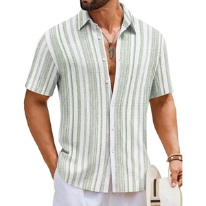 COOFANDY Mens Short Sleeve Casual Shirts Button Down Striped Summer Shirts Textured Vacation Beach Shirt(B White/Light Green)