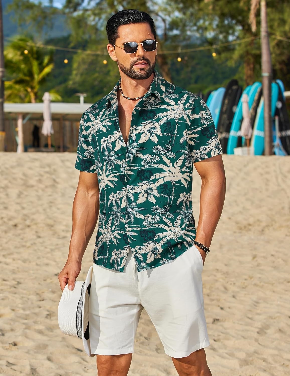 image:imageCOOFANDY Mens Hawaiian Shirt Short Sleeve Button Down Floral Aloha Shirts Tropical Vacation Beach ShirtsE Green Palm Tree
