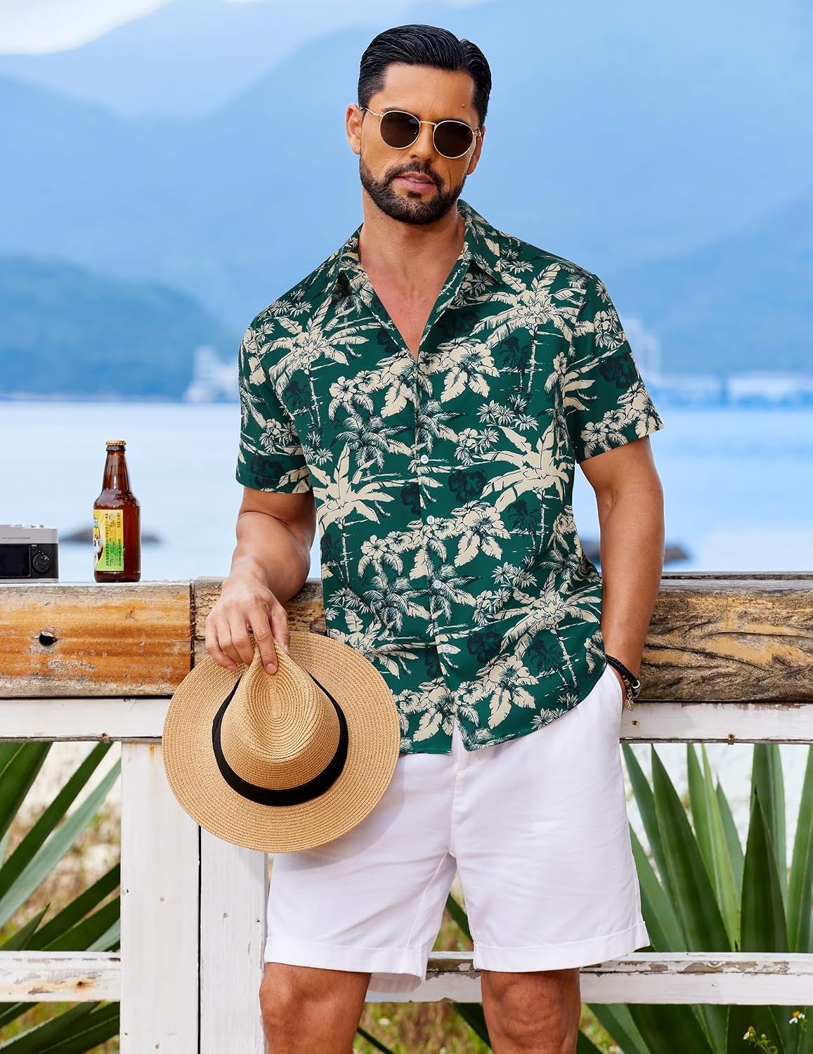 image:imageCOOFANDY Mens Hawaiian Shirt Short Sleeve Button Down Floral Aloha Shirts Tropical Vacation Beach ShirtsE Green Palm Tree