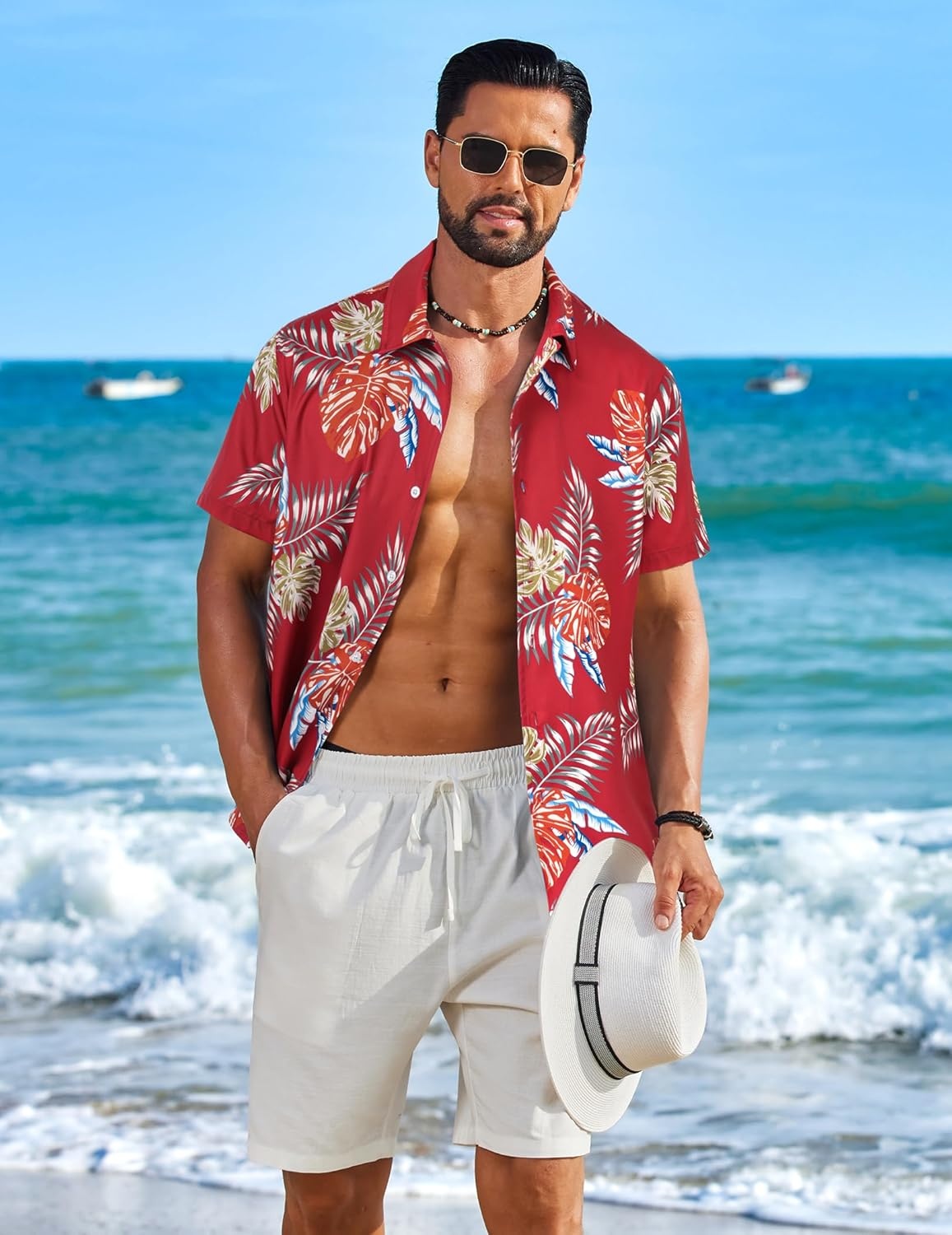 image:imageCOOFANDY Mens Hawaiian Shirt Short Sleeve Button Down Floral Aloha Shirts Tropical Vacation Beach ShirtsH Red Leaf