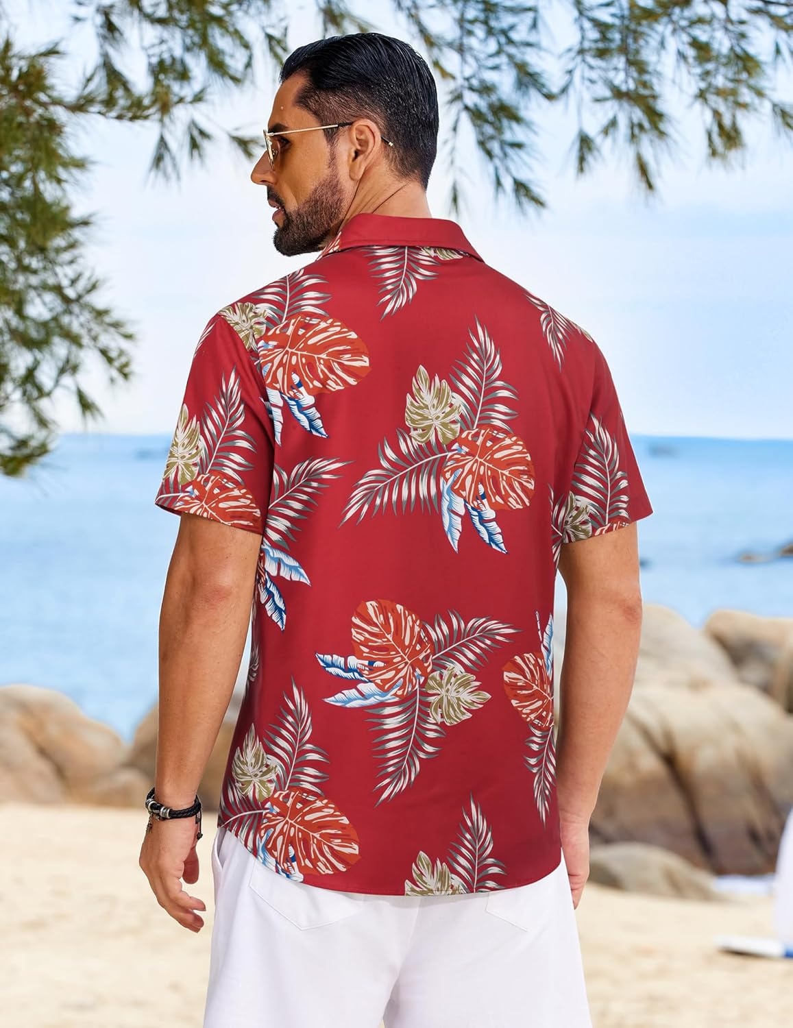 image:imageCOOFANDY Mens Hawaiian Shirt Short Sleeve Button Down Floral Aloha Shirts Tropical Vacation Beach ShirtsH Red Leaf