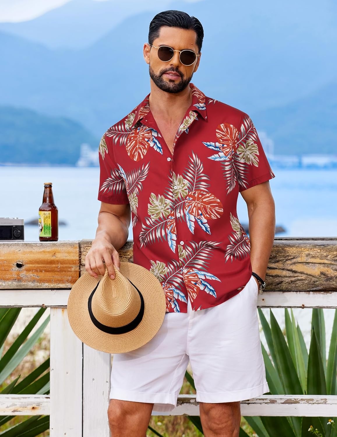 image:imageCOOFANDY Mens Hawaiian Shirt Short Sleeve Button Down Floral Aloha Shirts Tropical Vacation Beach ShirtsH Red Leaf