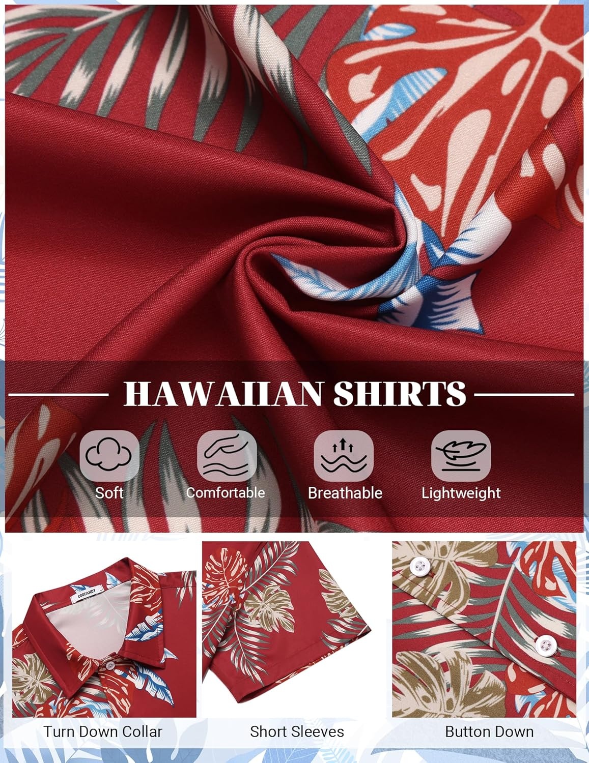 image:imageCOOFANDY Mens Hawaiian Shirt Short Sleeve Button Down Floral Aloha Shirts Tropical Vacation Beach ShirtsH Red Leaf