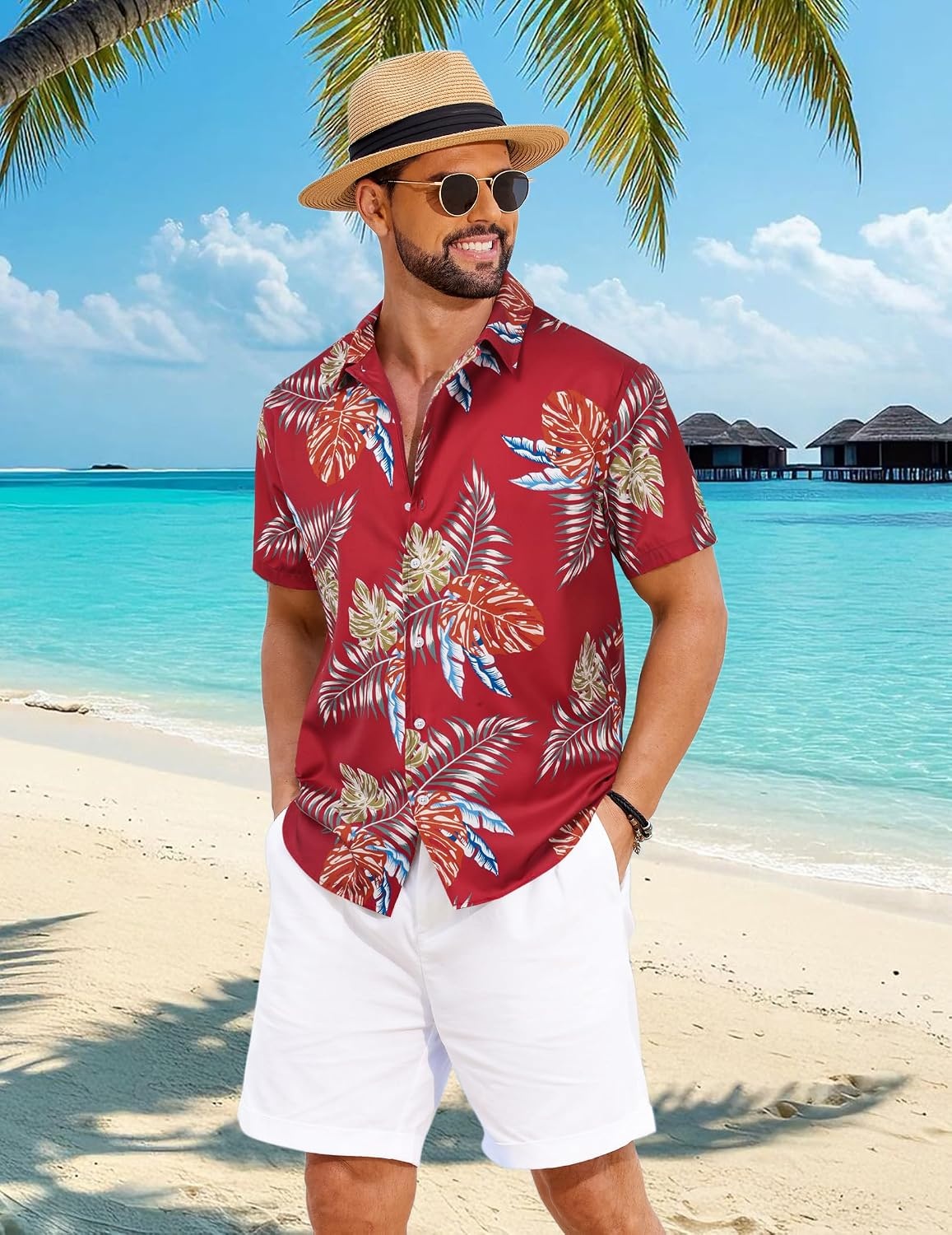 image:imageCOOFANDY Mens Hawaiian Shirt Short Sleeve Button Down Floral Aloha Shirts Tropical Vacation Beach ShirtsH Red Leaf