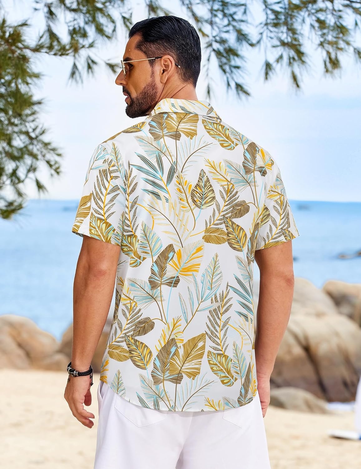 image:imageCOOFANDY Mens Hawaiian Shirt Short Sleeve Button Down Floral Aloha Shirts Tropical Vacation Beach ShirtsJ White Yellow Leaf