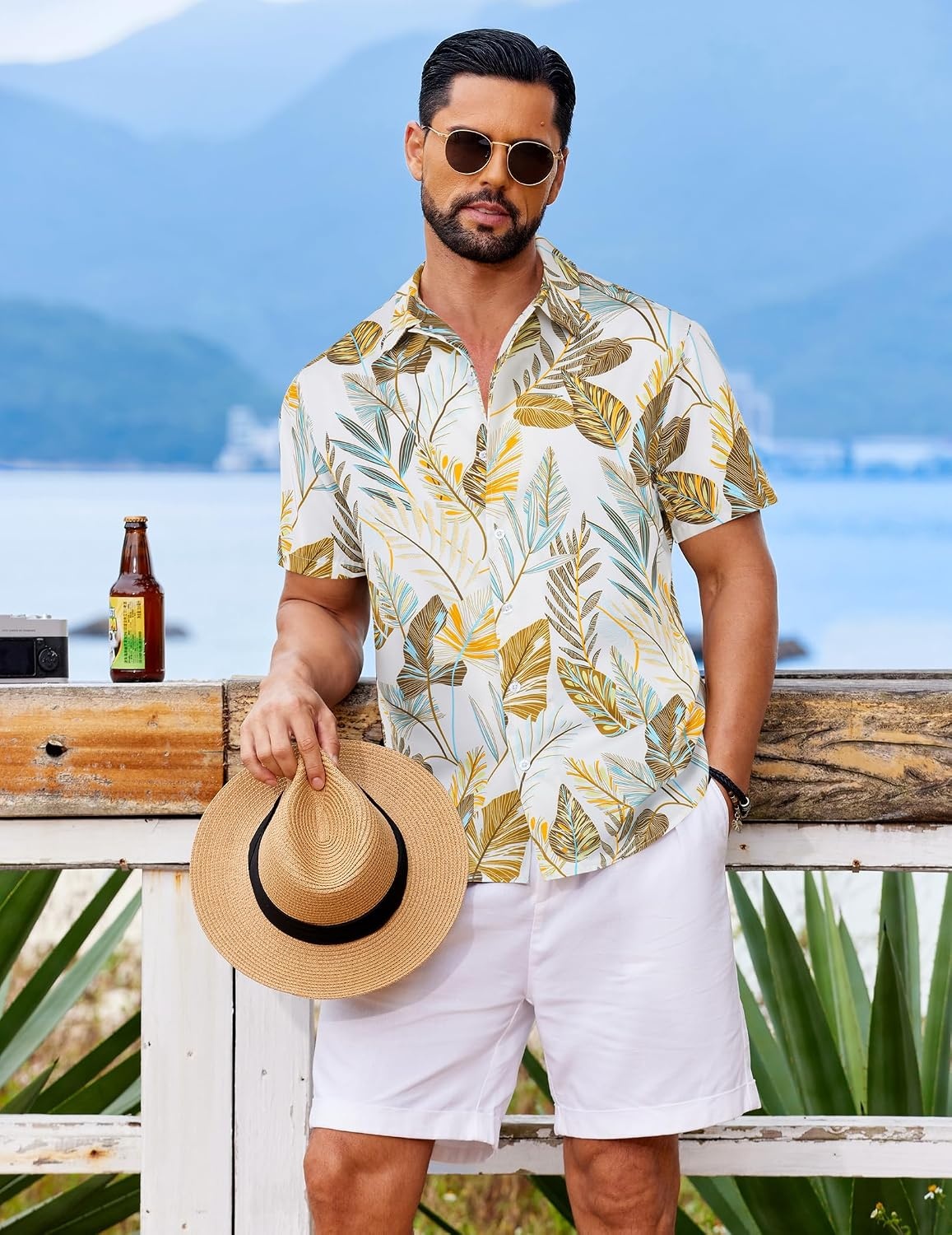 image:imageCOOFANDY Mens Hawaiian Shirt Short Sleeve Button Down Floral Aloha Shirts Tropical Vacation Beach ShirtsJ White Yellow Leaf