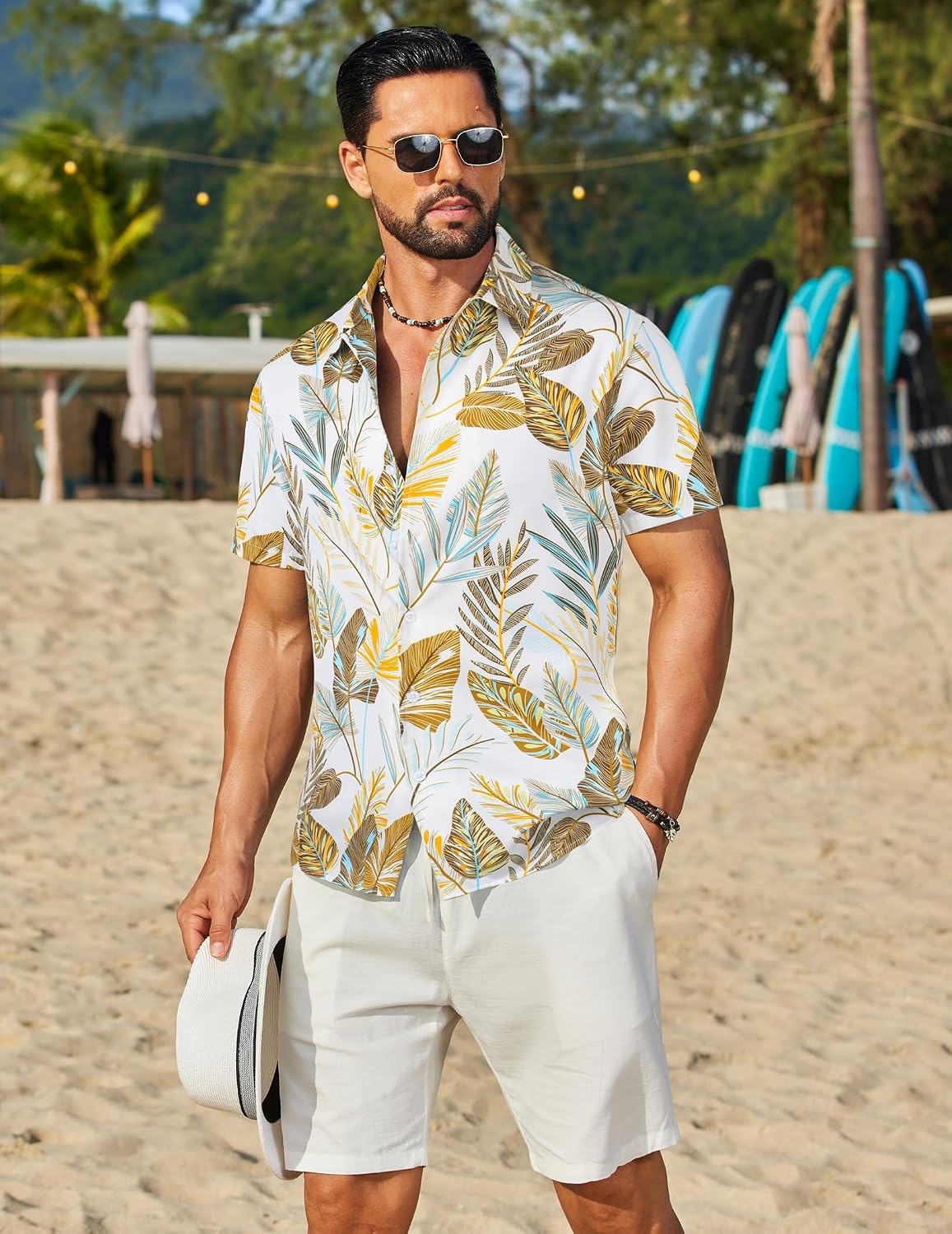 image:imageCOOFANDY Mens Hawaiian Shirt Short Sleeve Button Down Floral Aloha Shirts Tropical Vacation Beach ShirtsJ White Yellow Leaf