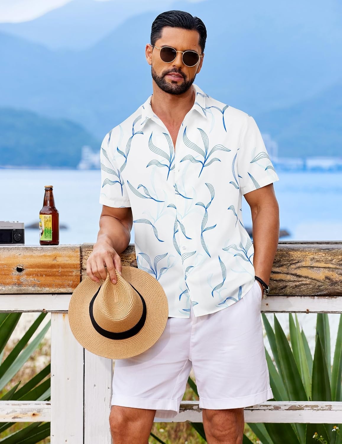 image:imageCOOFANDY Mens Hawaiian Shirt Short Sleeve Button Down Floral Aloha Shirts Tropical Vacation Beach ShirtsK White Blue Leaf