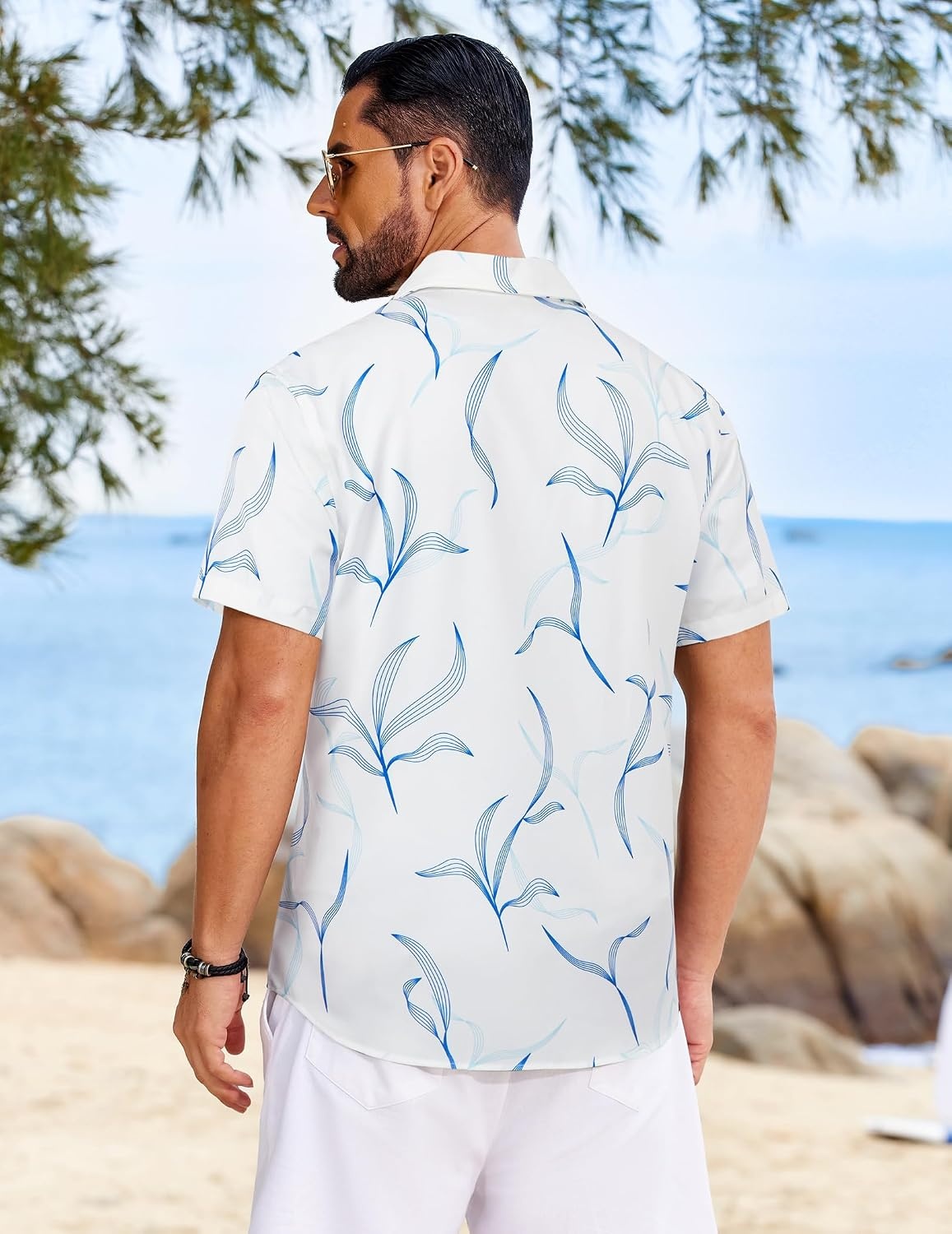 image:imageCOOFANDY Mens Hawaiian Shirt Short Sleeve Button Down Floral Aloha Shirts Tropical Vacation Beach ShirtsK White Blue Leaf