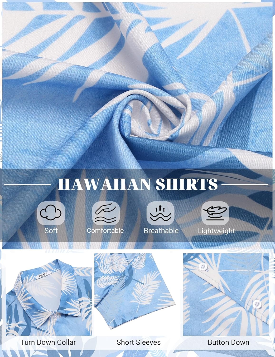 image:imageCOOFANDY Mens Hawaiian Shirt Short Sleeve Button Down Floral Aloha Shirts Tropical Vacation Beach ShirtsL Light Blue White Plam Leaf