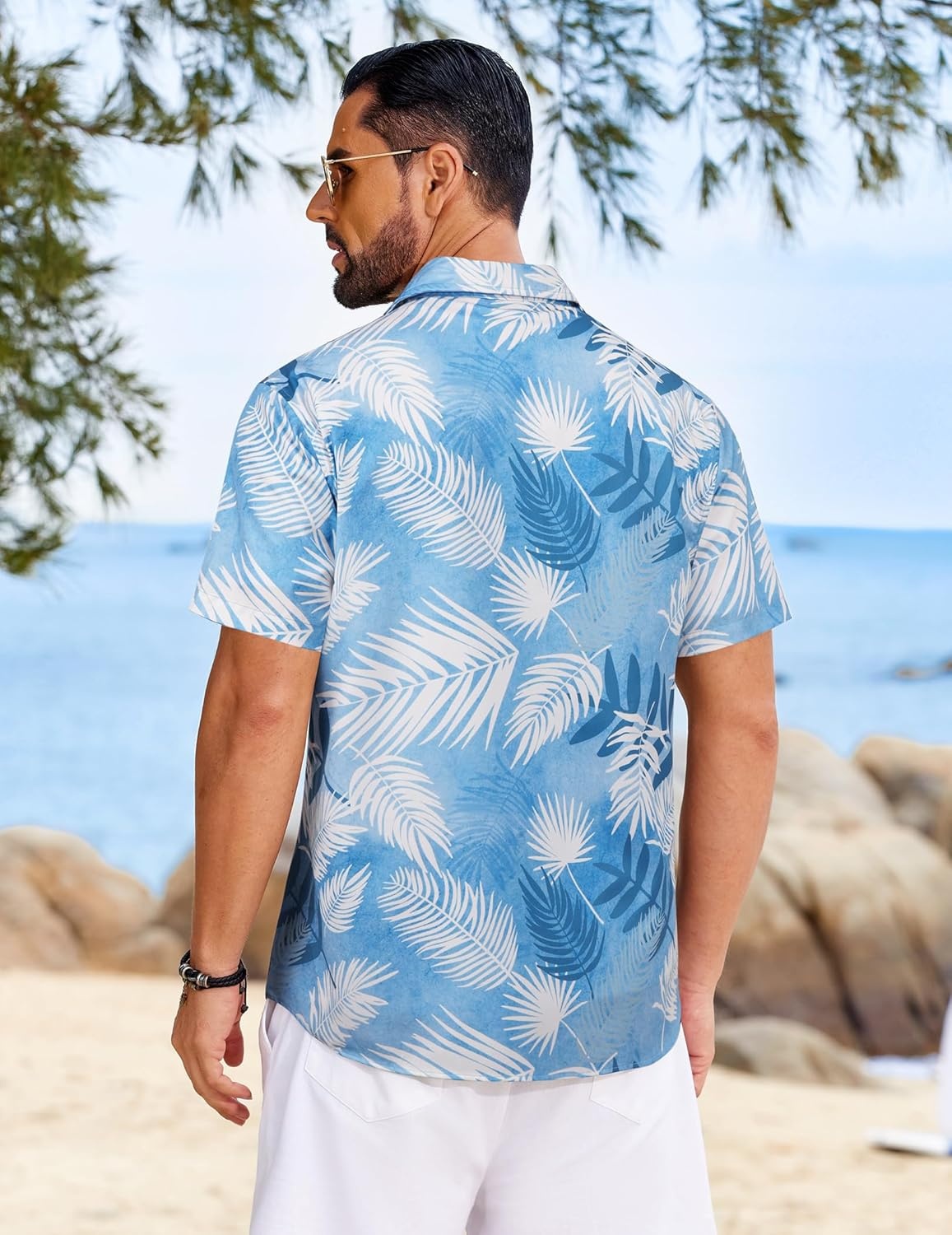 image:imageCOOFANDY Mens Hawaiian Shirt Short Sleeve Button Down Floral Aloha Shirts Tropical Vacation Beach ShirtsL Light Blue White Plam Leaf