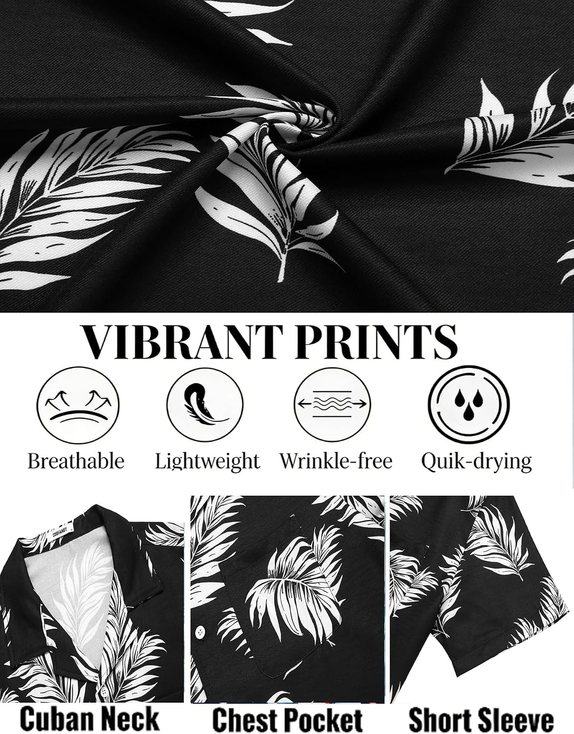 image:imageCOOFANDY Mens Hawaiian Shirt Short Sleeve Tropical Button Up Vacation Beach ShirtBlack Palm Leaf