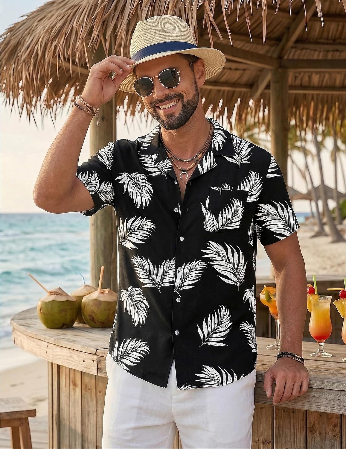 image:imageCOOFANDY Mens Hawaiian Shirt Short Sleeve Tropical Button Up Vacation Beach ShirtBlack Palm Leaf