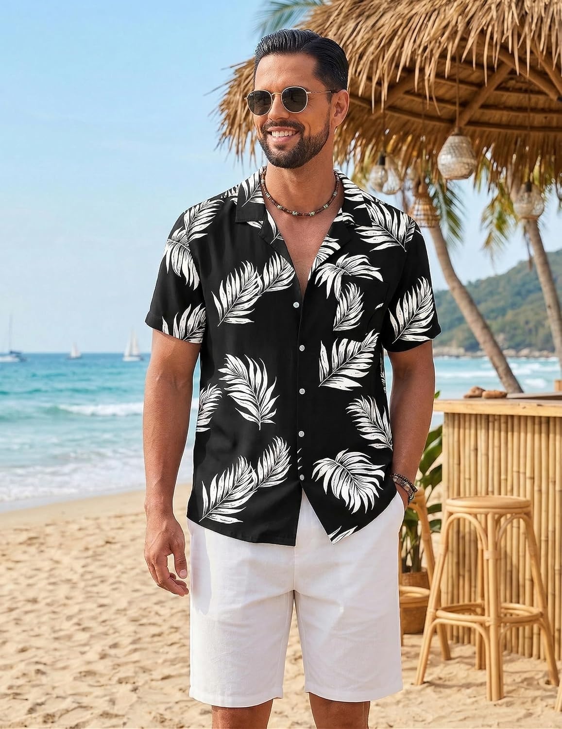 image:imageCOOFANDY Mens Hawaiian Shirt Short Sleeve Tropical Button Up Vacation Beach ShirtBlack Palm Leaf