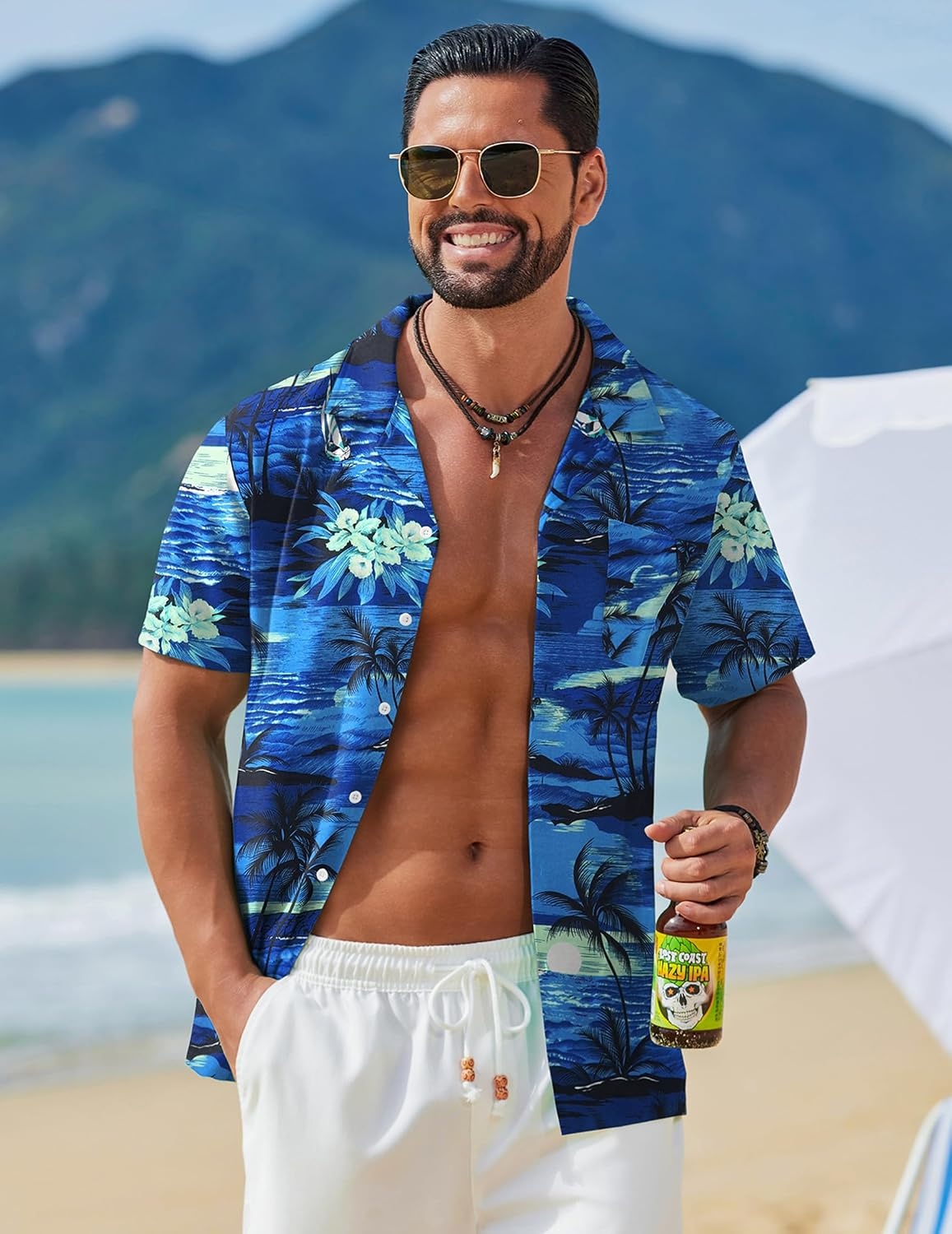 image:imageCOOFANDY Mens Hawaiian Shirt Short Sleeve Tropical Button Up Vacation Beach ShirtBlue Palm Tree