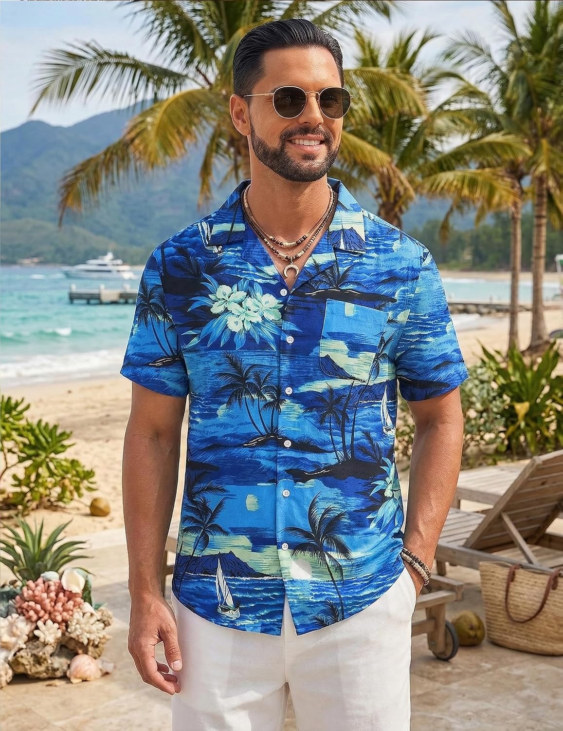 image:imageCOOFANDY Mens Hawaiian Shirt Short Sleeve Tropical Button Up Vacation Beach ShirtBlue Palm Tree