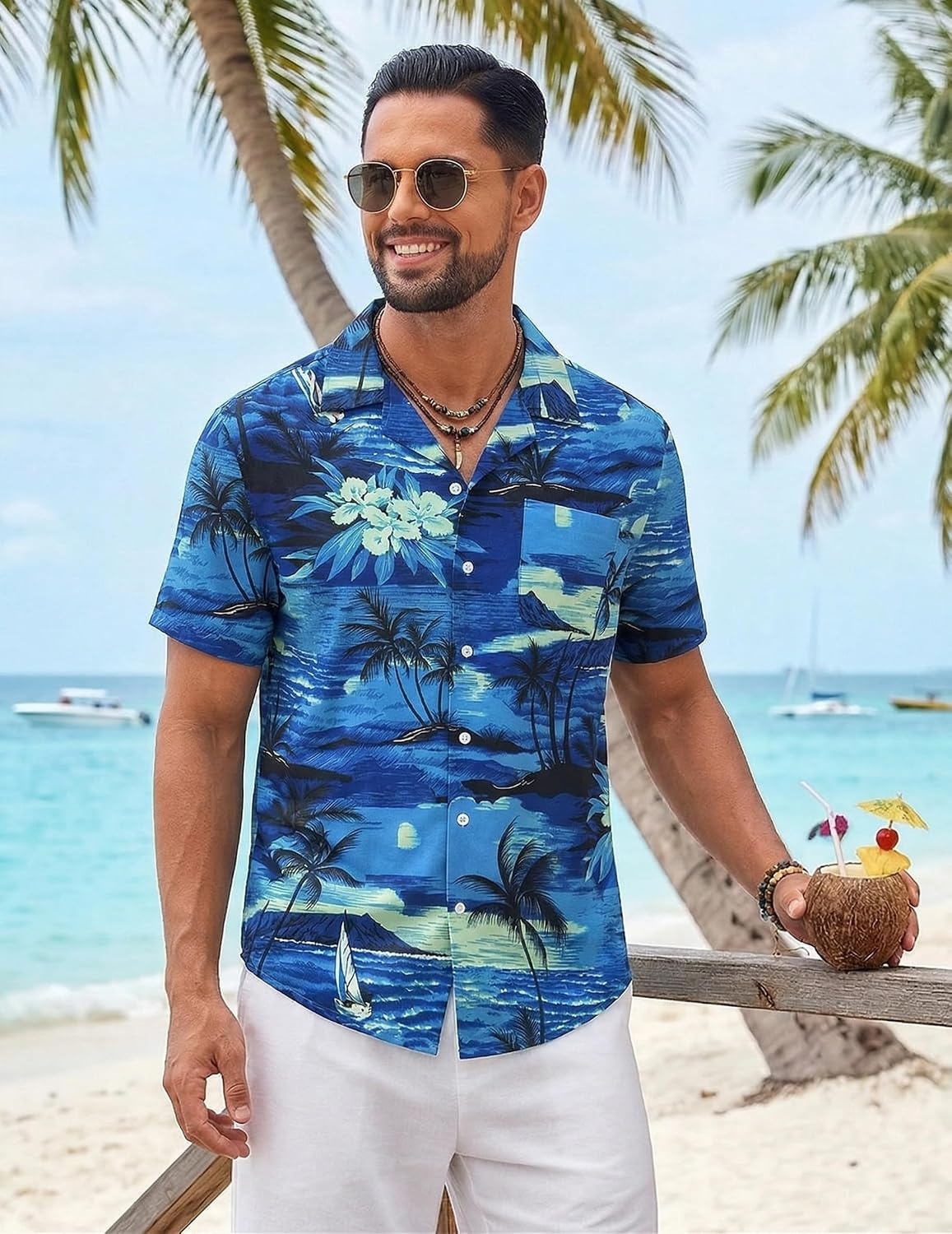 image:imageCOOFANDY Mens Hawaiian Shirt Short Sleeve Tropical Button Up Vacation Beach ShirtBlue Palm Tree