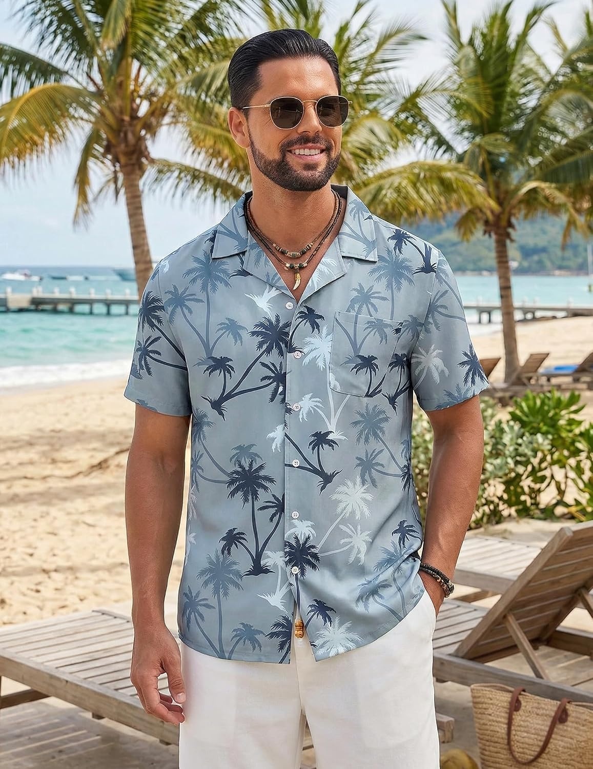 image:imageCOOFANDY Mens Hawaiian Shirt Short Sleeve Tropical Button Up Vacation Beach ShirtGrey Tree