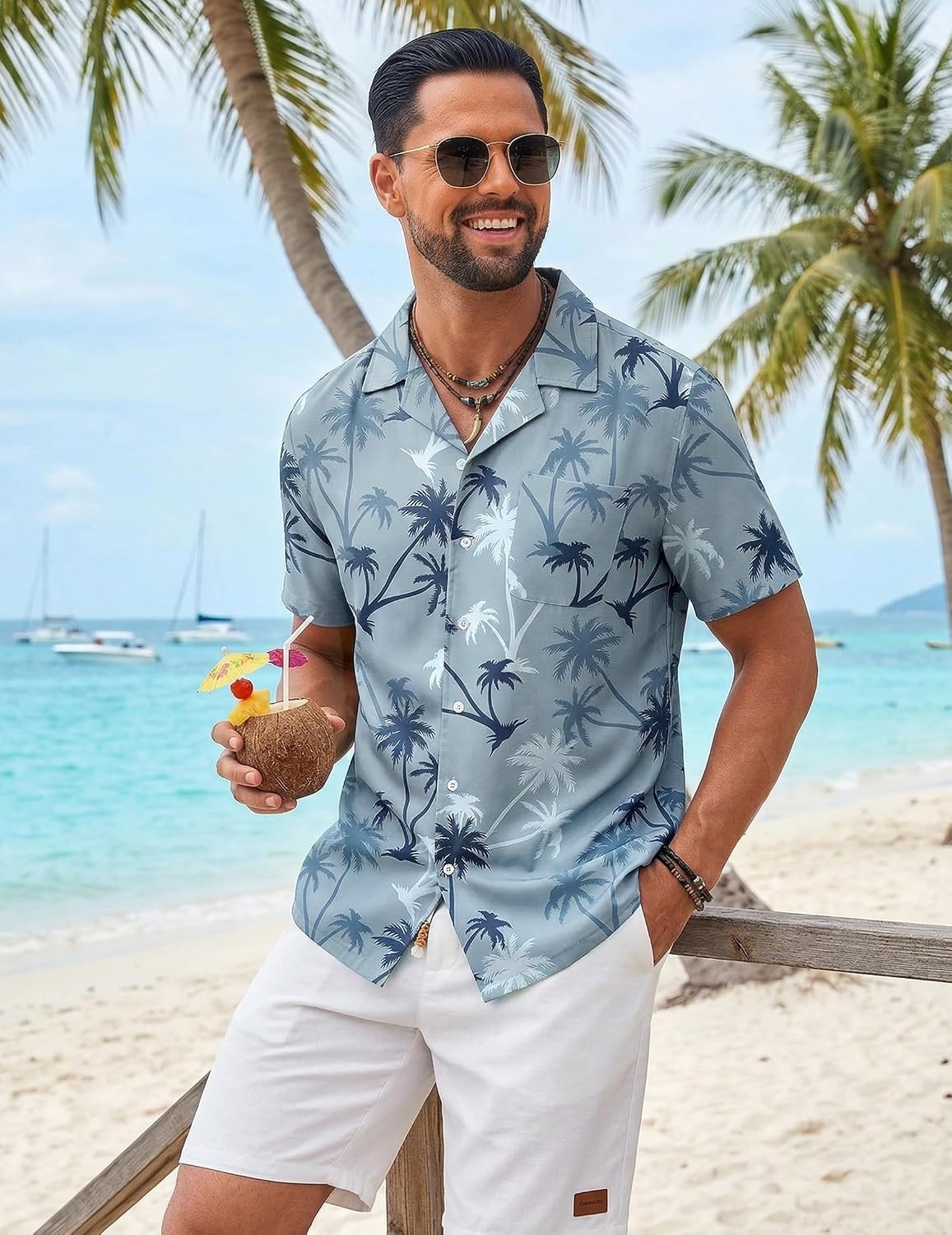 image:imageCOOFANDY Mens Hawaiian Shirt Short Sleeve Tropical Button Up Vacation Beach ShirtGrey Tree