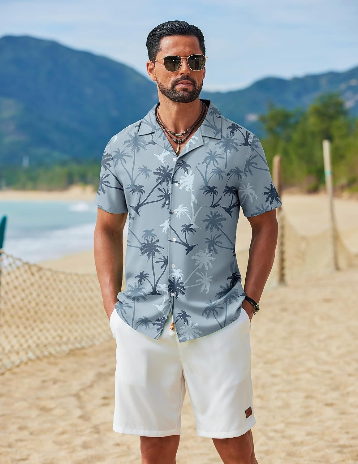 image:imageCOOFANDY Mens Hawaiian Shirt Short Sleeve Tropical Button Up Vacation Beach ShirtGrey Tree