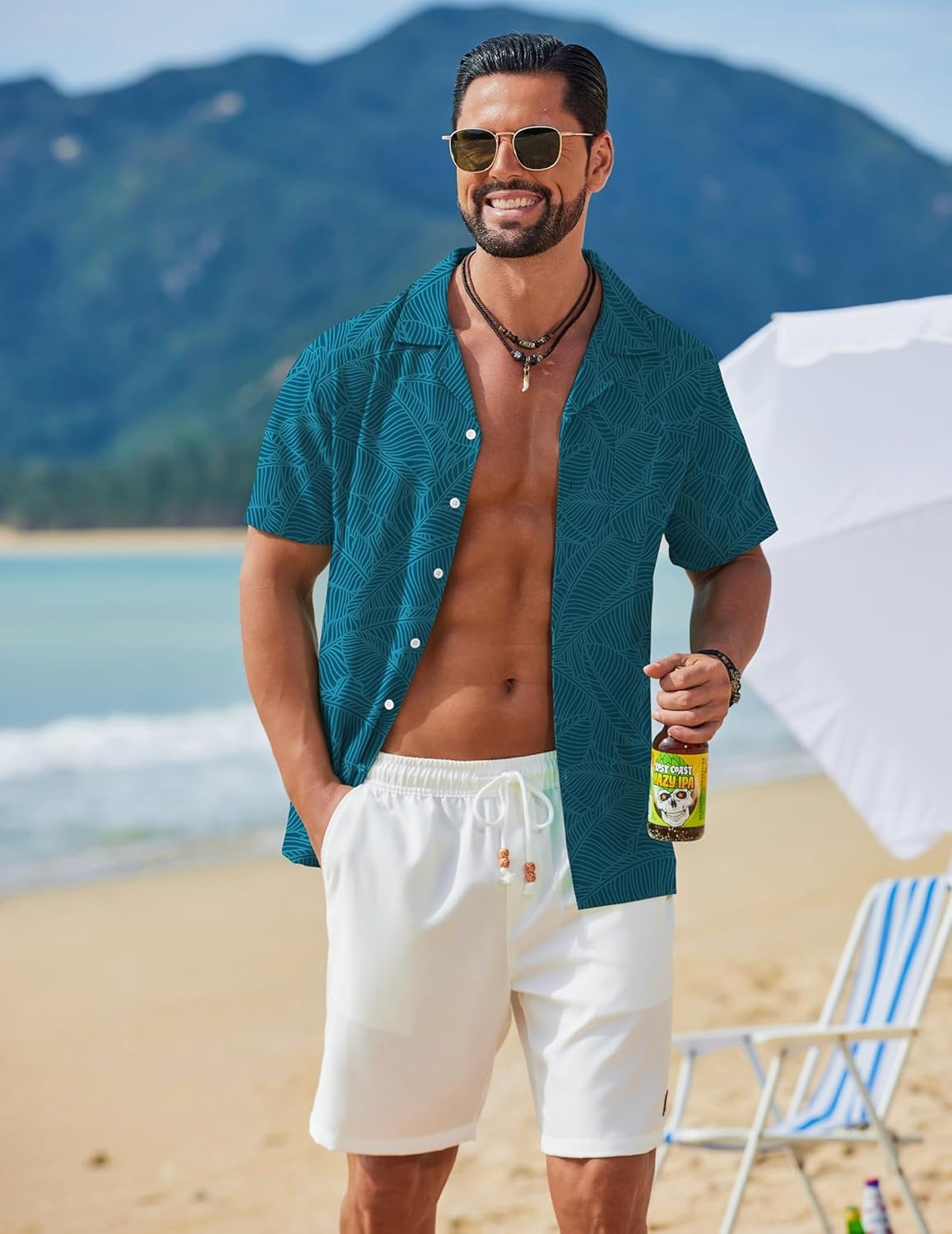 image:imageCOOFANDY Mens Hawaiian Shirt Short Sleeve Tropical Button Up Vacation Beach ShirtLake Blue Leaf
