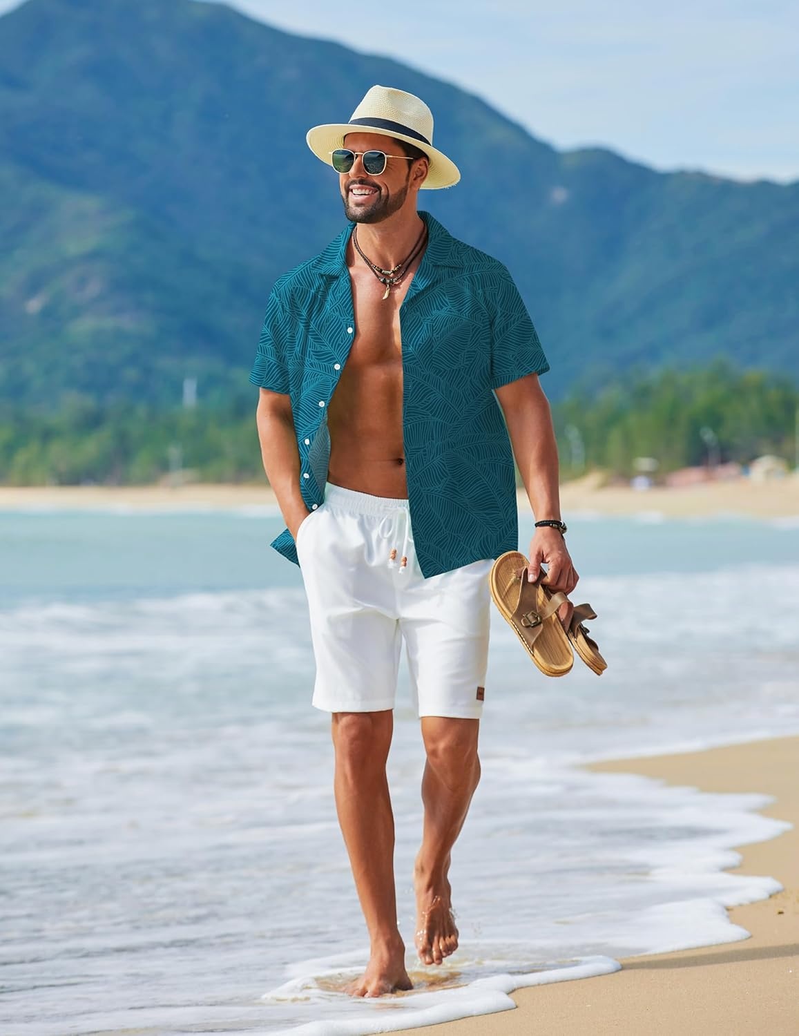 image:imageCOOFANDY Mens Hawaiian Shirt Short Sleeve Tropical Button Up Vacation Beach ShirtLake Blue Leaf