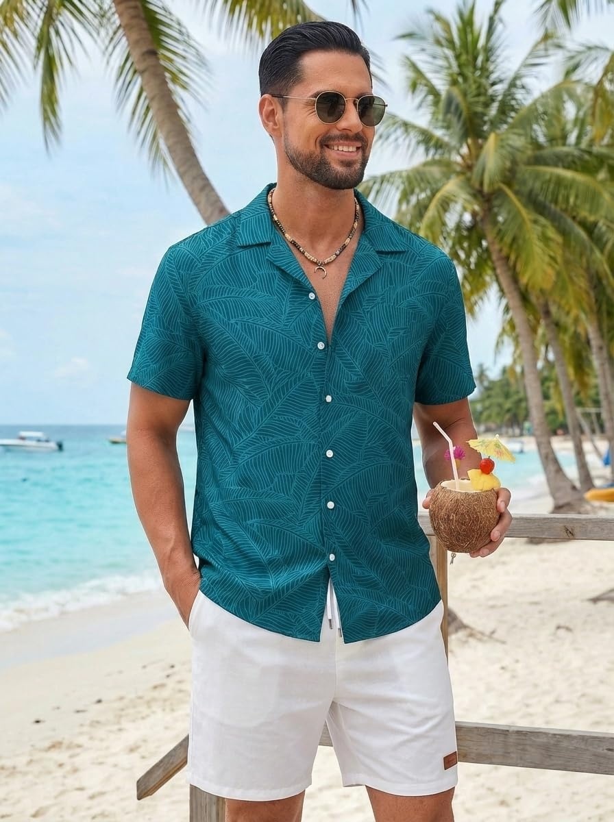 image:imageCOOFANDY Mens Hawaiian Shirt Short Sleeve Tropical Button Up Vacation Beach ShirtLake Blue Leaf