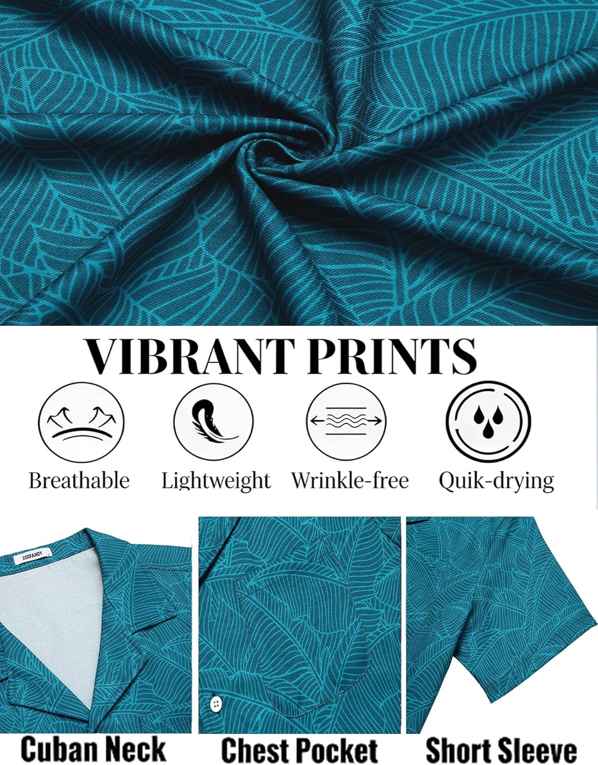 image:imageCOOFANDY Mens Hawaiian Shirt Short Sleeve Tropical Button Up Vacation Beach ShirtLake Blue Leaf