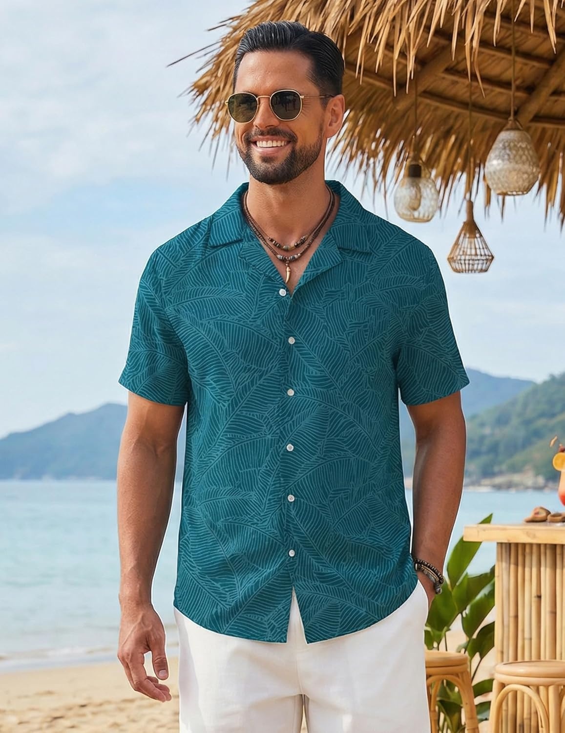 image:imageCOOFANDY Mens Hawaiian Shirt Short Sleeve Tropical Button Up Vacation Beach ShirtLake Blue Leaf